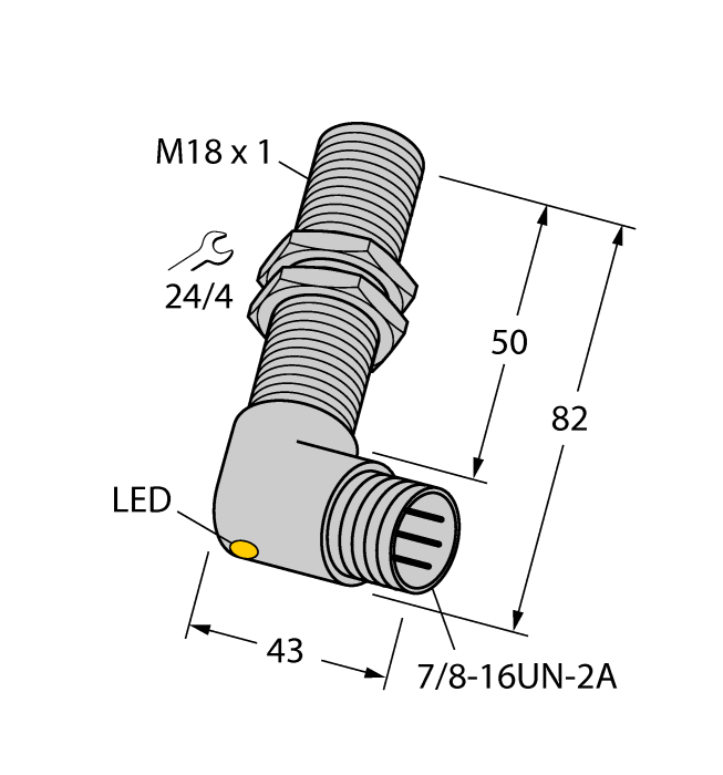 Turck Inductive Proximity Metal Barrel Sensor; 18mm; Embeddable; 10-30VDC; NO; PNP; Connector - 7/8"-16UN (Metal)